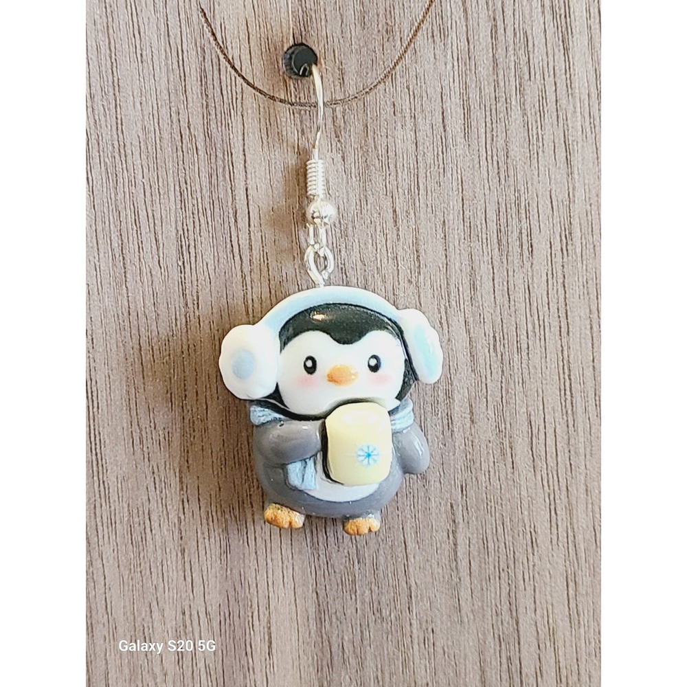 Winter‎ Penguin Earmuffs Hot Cocoa Mug Dangle Earrings Silver Tone Blue Gray